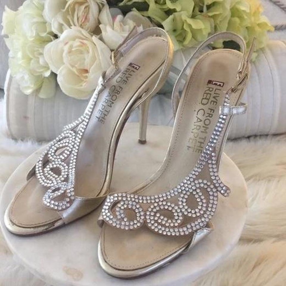 E! Live from the red carpet silver bedazzled bling kitten heels stilettos